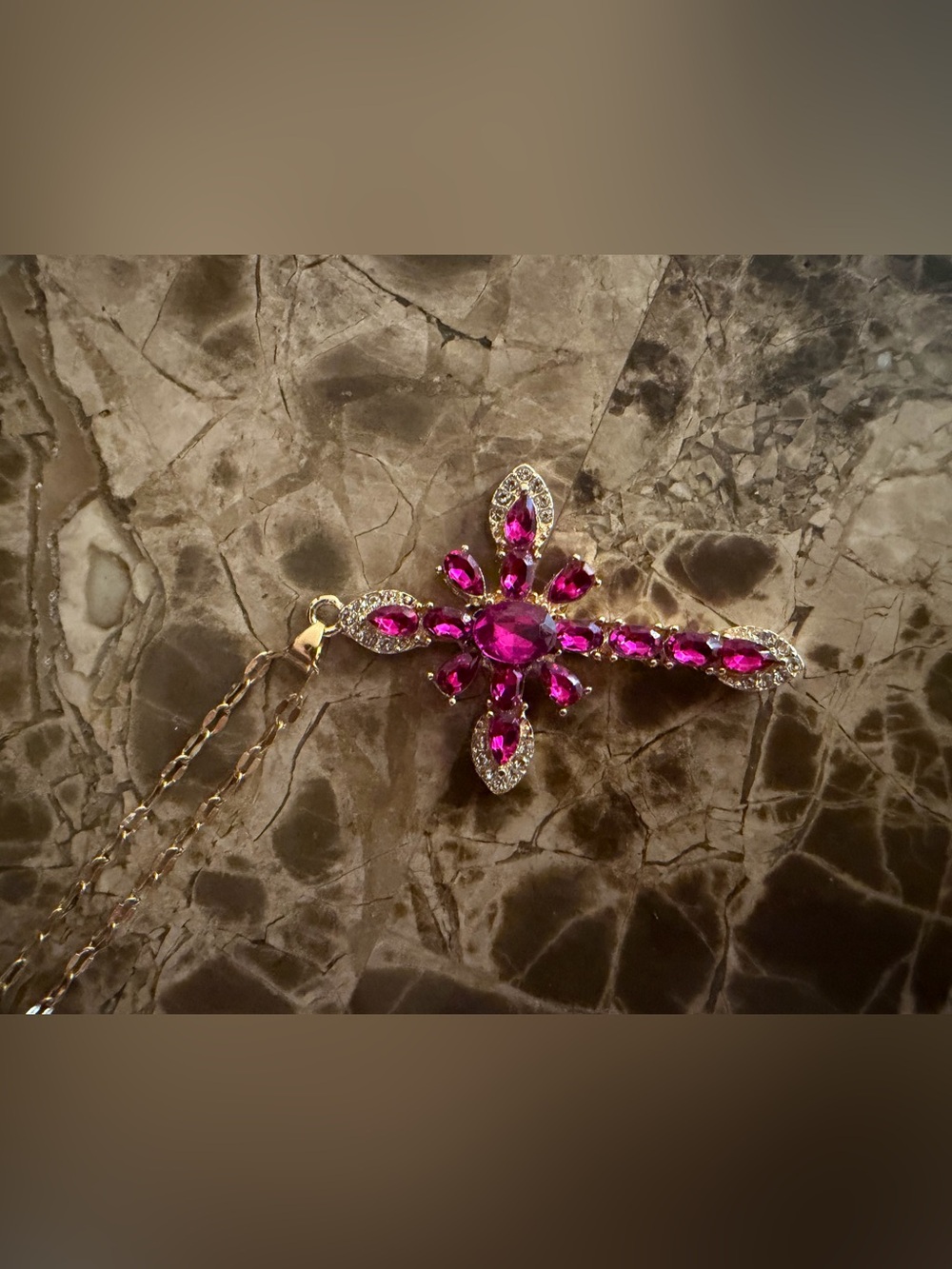 Gold-Tone Cross Necklace with Bright Pink Crystal Accents